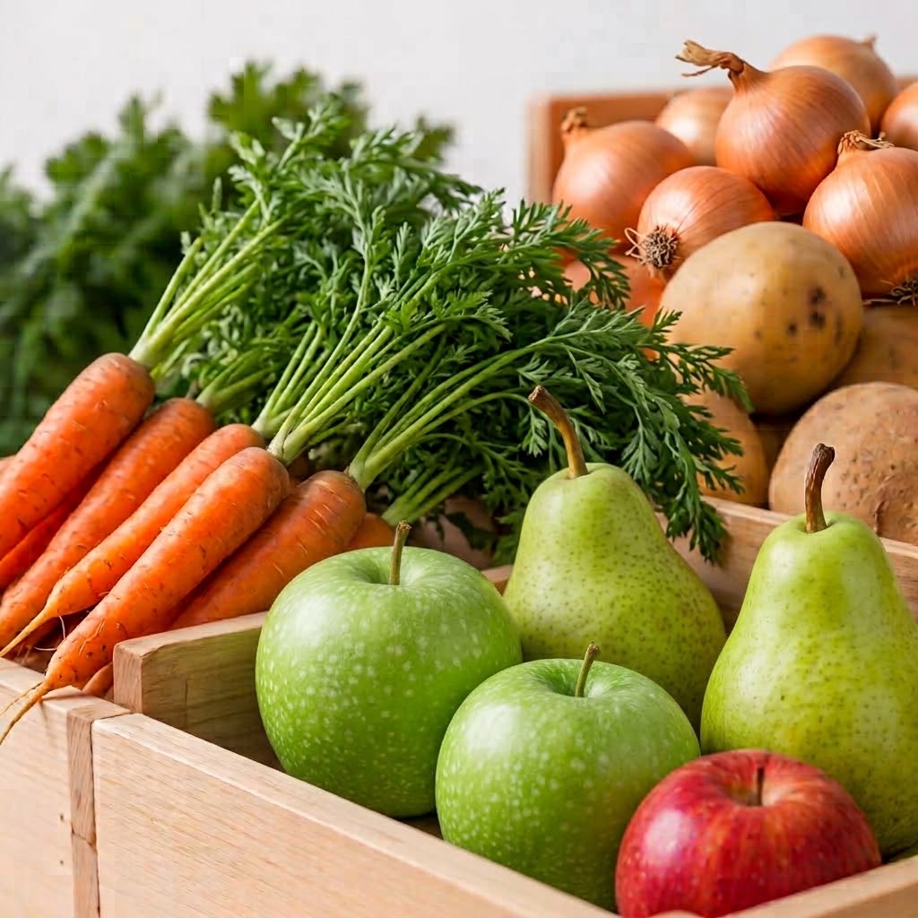Caisses en bois de pommes, poires, carottes, oignons, pommes de terre et oranges
