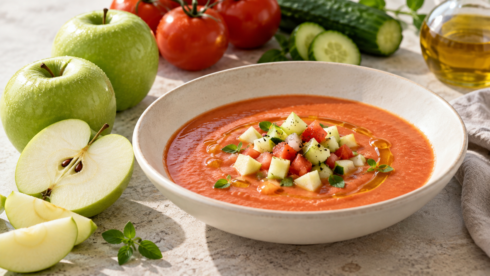 Granny Smith y gazpacho Manzana Granny Smith junto a un gazpacho